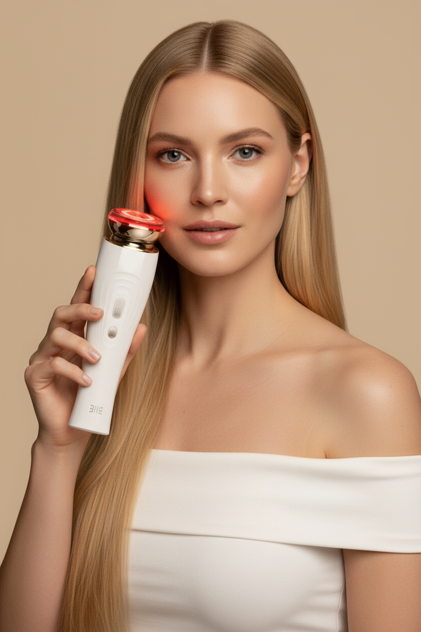 Blonde woman using LED beauty device