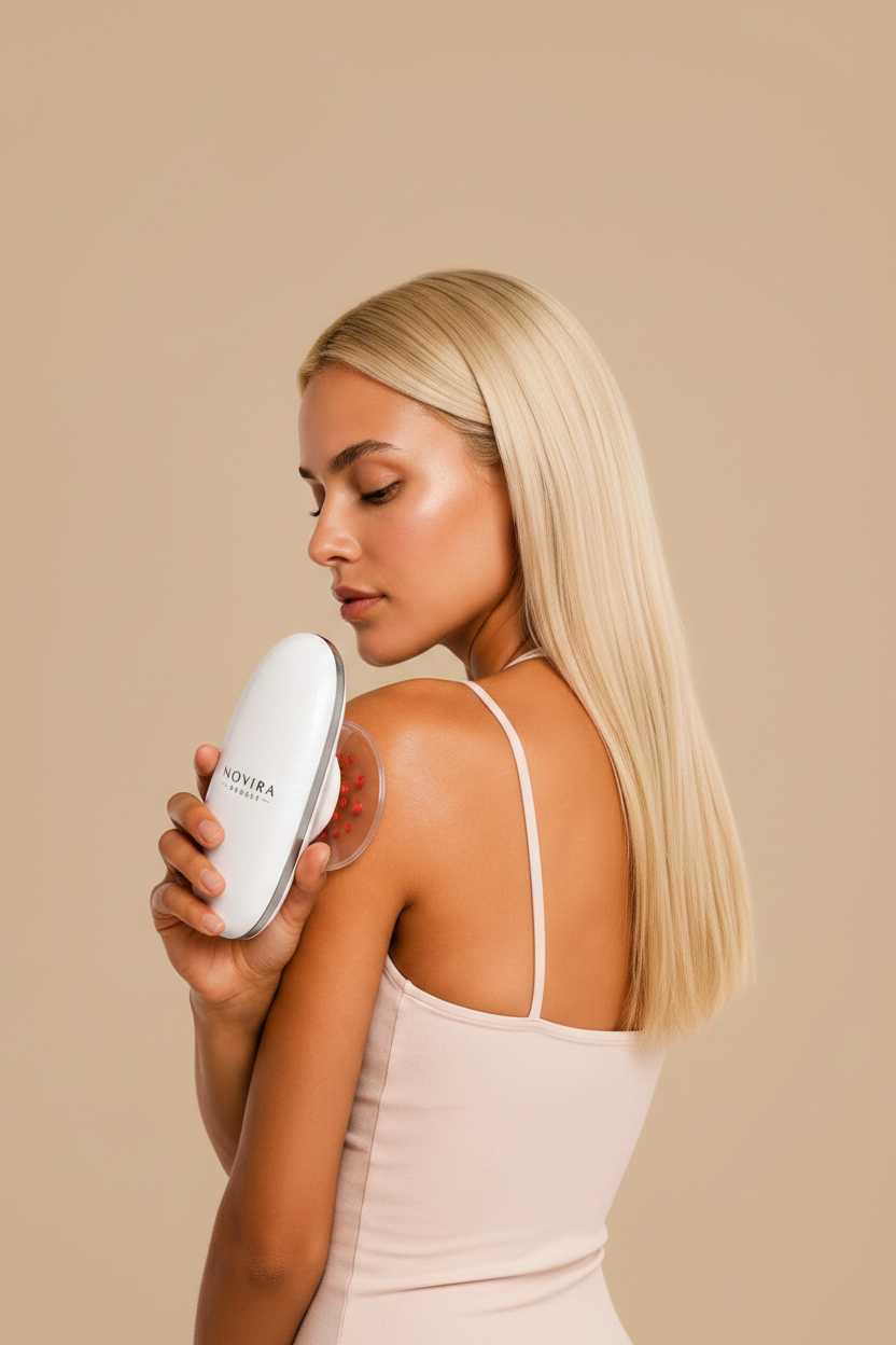 Blonde woman from behind using oval beauty device