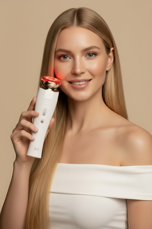 Realistic blonde woman using LED beauty device
